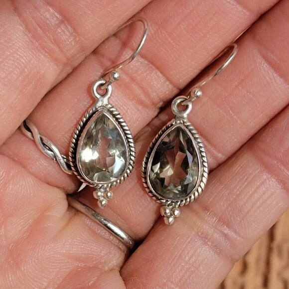 Prasiolite teardrop 925 sterling silver dangle earrings - Picture 6 of 16
